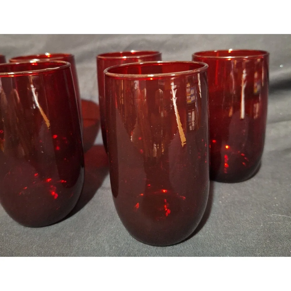 Set of 7 Ruby‎ Red Glass Tumblers Vintage Minimalist Drinking Glasses 4.25 Inch